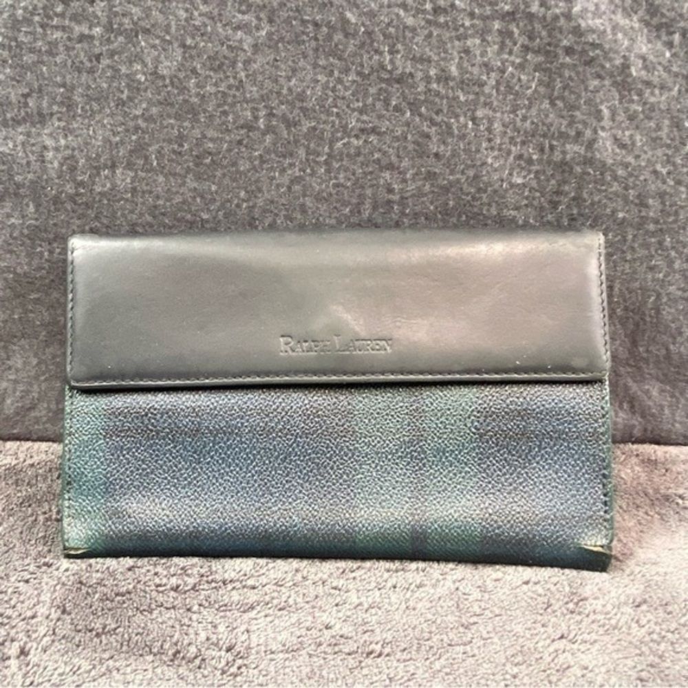 Ralph Lauren Bifold Wallet checkbook ID Card Credit Card Logo Navy Green Leather